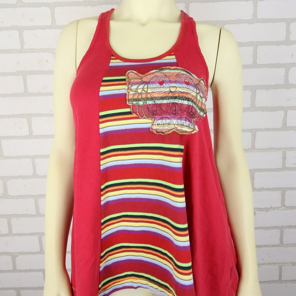 FARM Red Stripe Owl Embroidery Butterfly Racer Back Tank Top Womens M Red READ